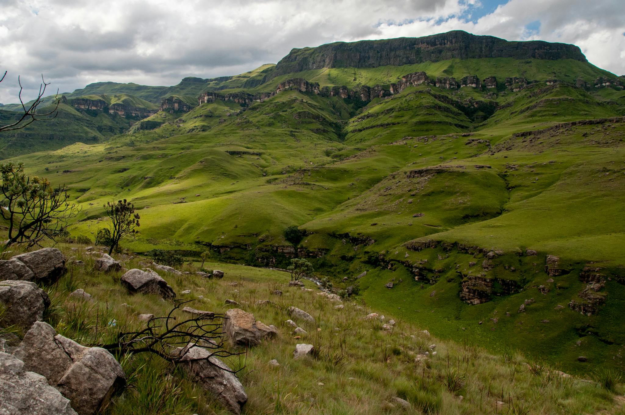 Explore the stunning green landscapes and rolling hills of the Drakensberg mountains, South Africa.